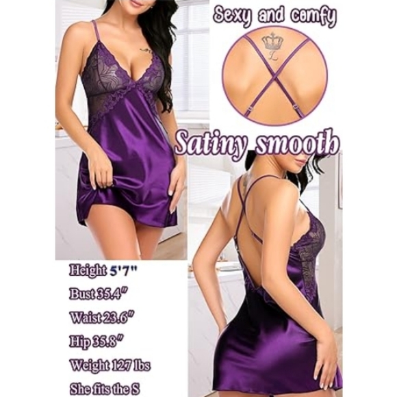 Avidlov Lingerie VNeck Nightwear Satin Lace Chemise Mini Teddy Purple Nighty - Picture 4 of 6
